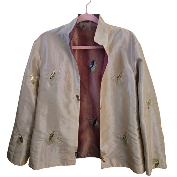 Stunning Unique Beige Sequined Embroidered Asian Inspired Kimono Size M - Picture 1 of 5